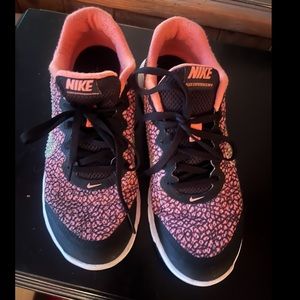 NIKE- Woman’s Custom Nike Sneakers Black & Coral W/ Rhinestone NIKE Swoosh.